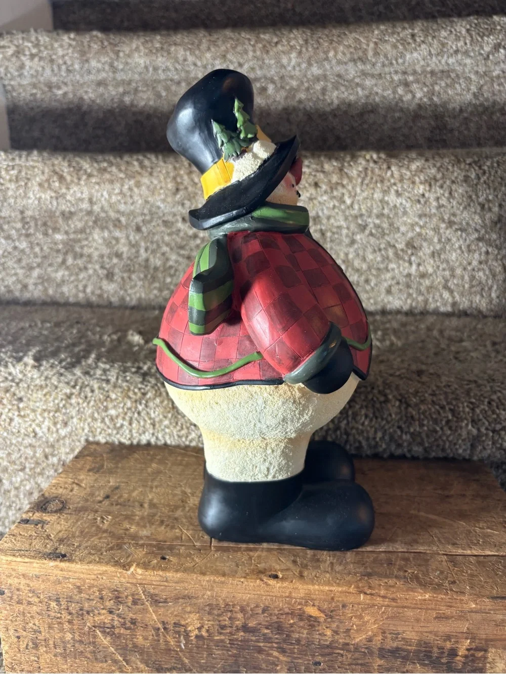 Festive Red Plaid Snowman Holiday Figurine with Green Scarf